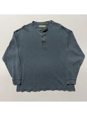 Naturalife Blue Waffle Knit Henley Thermal Long Sleeve Shirt Vintage